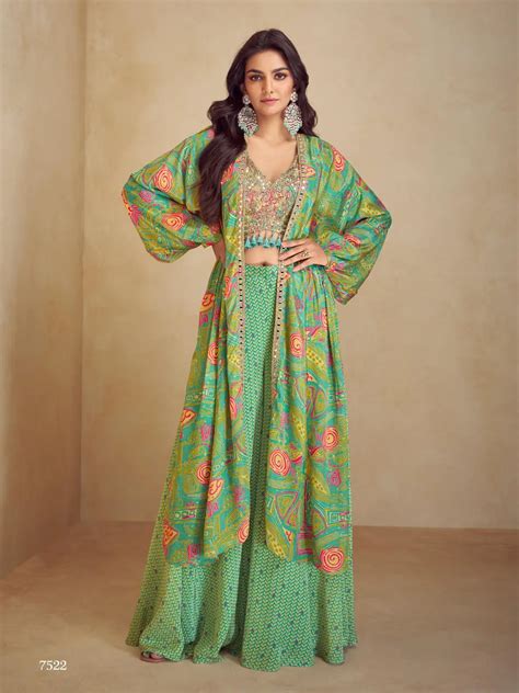 Green Real Chinon Free Size Stitched 3 Piece Suit with Printed ...