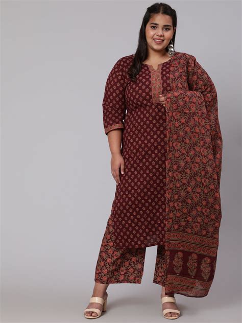 Plus Size Burgundy Printed Straight Kurta With Plazo & Dupatta ...