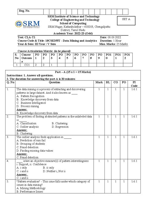 DMA Set A Updated Answer Key 08 09 22 - Reg. No. SRM Institute of ...