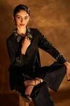 Buy Black 100% Cotton Poplin Embellished Floral Motifs Collared Neck ...