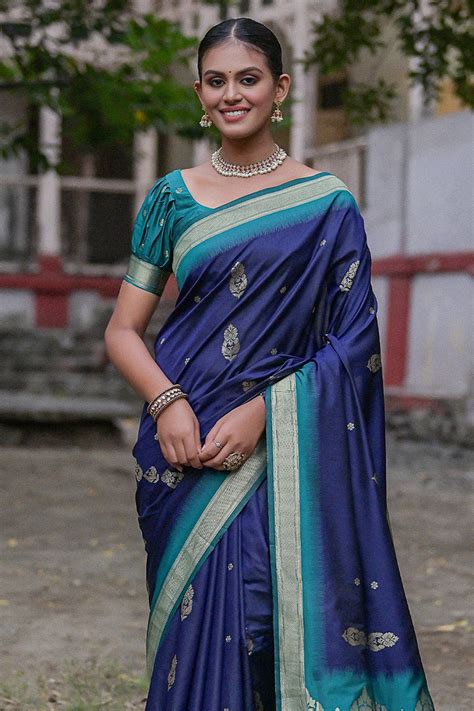Buy Navy Blue Silk Blend Saree With Blouse Piece 74478 Online | Karagiri