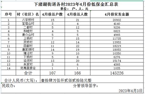 下渚湖街道2023年4月低保发放清单公示