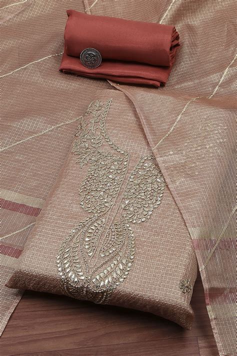Buy Peach-Toned Tissue Embroidered Unstitched Suit Set Online at Biba India