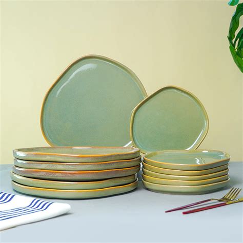 Sage Green with Organic Rim Detailing Dinner Set of 12 pcs – The Golden ...