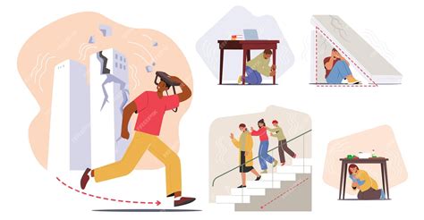 Characters observe earthquake safety rules drop cover hold on stay away ...