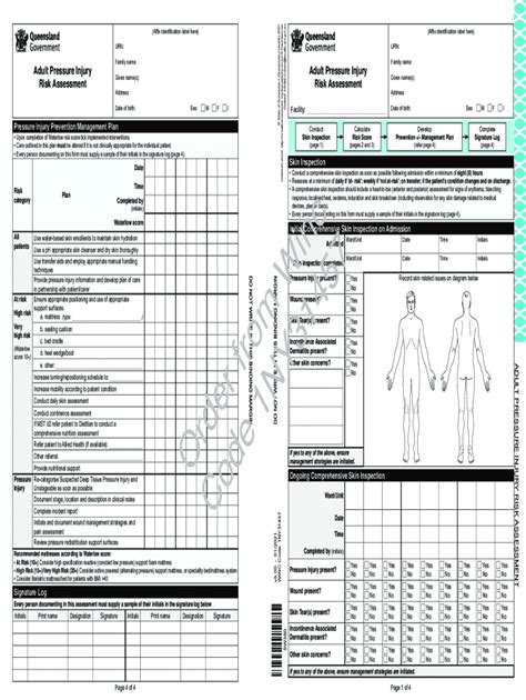 Adult Pressure Injury Risk Assessment Form - Blank Fillable Template ...