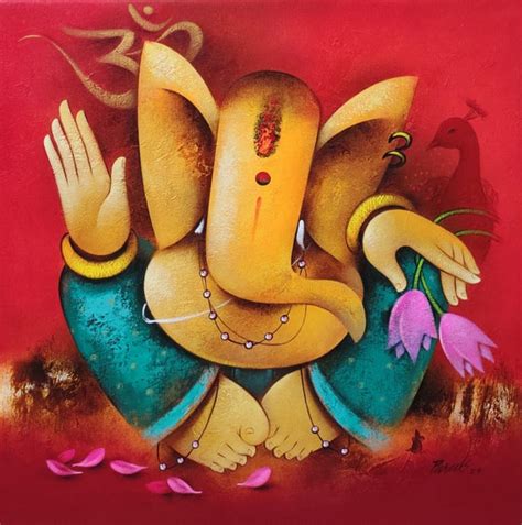 "Blessing Ganesha": Red-Violet Religious painting by Paras Parmar ...