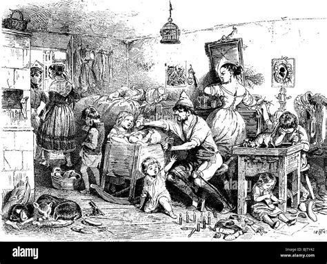 people, misery / adversity, poor housing, 19th century, family of a poor shoemaker in a single ...