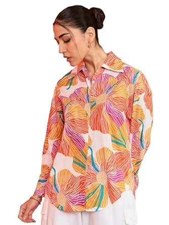 Sugathari Women's Orange Print Sunset Floral Oversized Cotton Shirt ...