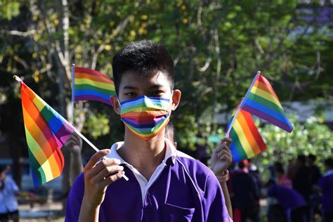 Portrait Asian young boy holds rainbow flag, LGBT symbol, in hands ...