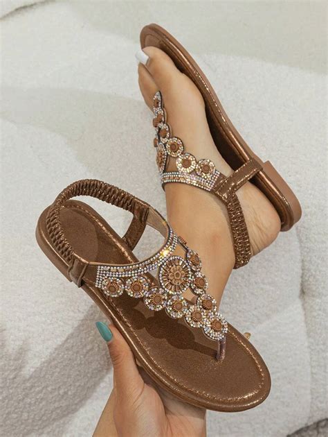 Women Rhinestone Decor Slingback Thong Sandals, Glamorous Summer Flat ...