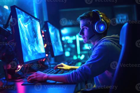 A young person sits at a gaming PC and plays a game created with ...