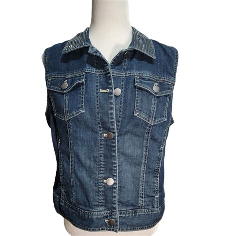Chico's Platinum Denim Blue Vest Womens size 1 Rhinestone Collar Silver ...