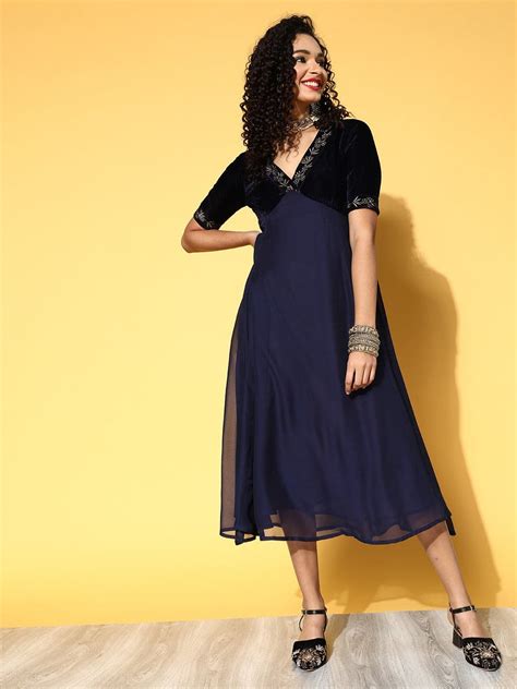 Buy Women Navy Embroidered V-Neck Anarkali Dress Online at Sassafras