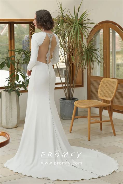 Modern Satin Beaded Long Sleeve Cut-outs Wedding Dress - Promfy