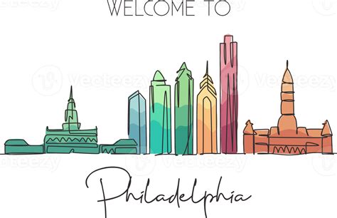 One continuous line drawing of Philadelphia city skyline, United States ...