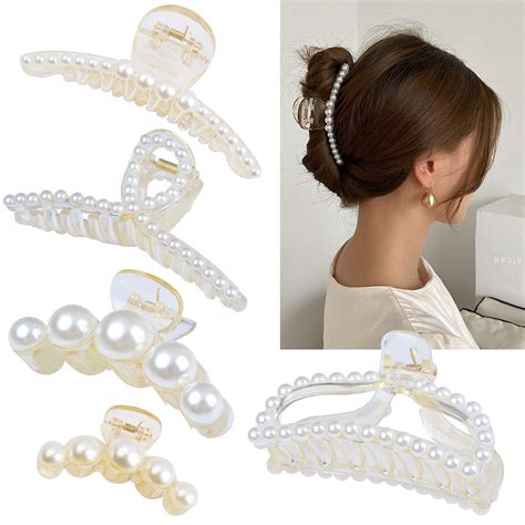 DEEKA 5 Pcs Large Pearl Hair Claw Clips White Black Hair Clips Thick ...