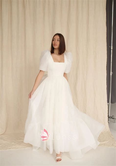 Lovely Puff Sleeve Organza Long Bridal Engagement Dress - Lunss