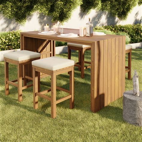 Hokku Designs 5 Piece Outdoor Bar Set, Patio Acacia Wood Bar Height ...