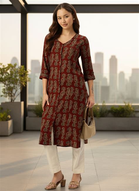 Rust Ethnic Motifs Printed A-Line Kurta – Amukti - The Women's Ethnic ...
