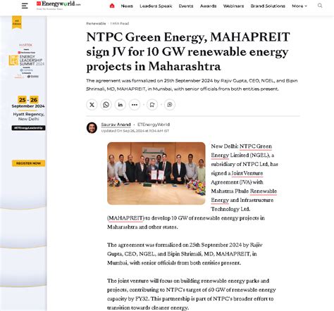News in EnergyWorld on MoU signing with NTPC for 10 GW RE Park