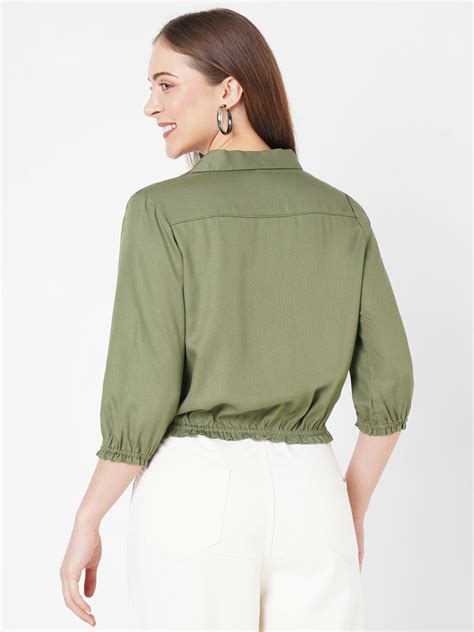 Buy Women Olive Solid Crop Shirt | Kraus Jeans