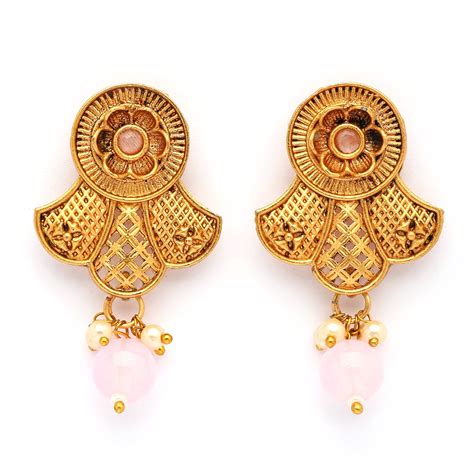 Traditional Gold Plated Floral Shaped Pink Pearl Beaded Earrings