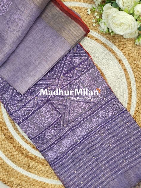 LENIN TISSUE EMBROIDERY WORK SAREE LAVENDER – Madhur Milan