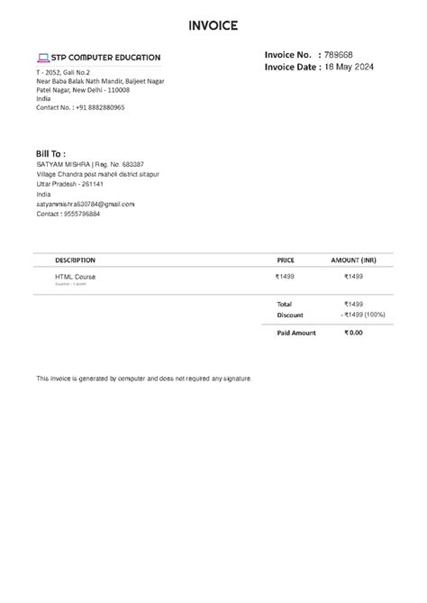 Html invoice - Html - B. Tech CSE - 789668 18 May 2024 SATYAM MISHRA ...
