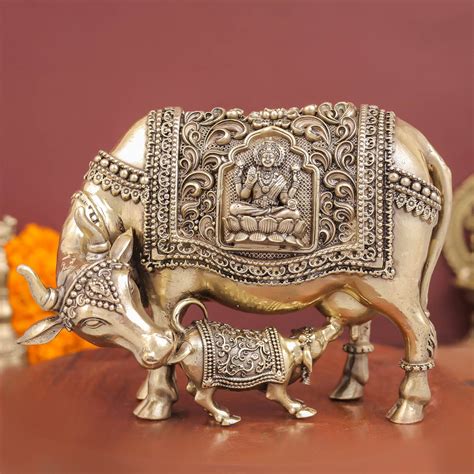 Brass Antique Kamdhenu with Lakshmi Ganesha Statue 6 Inch – StatueStudio