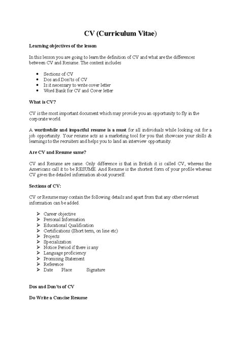 CV Content - CV (Curriculum Vitae) Learning objectives of the lesson In ...