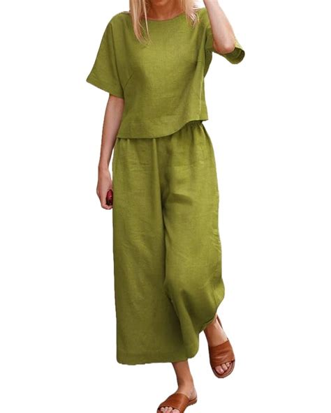 Buy Femezone women's linen bend cotton round neck Co-ord set ...