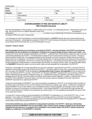 Acknowledgement of Risk and Waiver of Liability - Blank Fillable ...