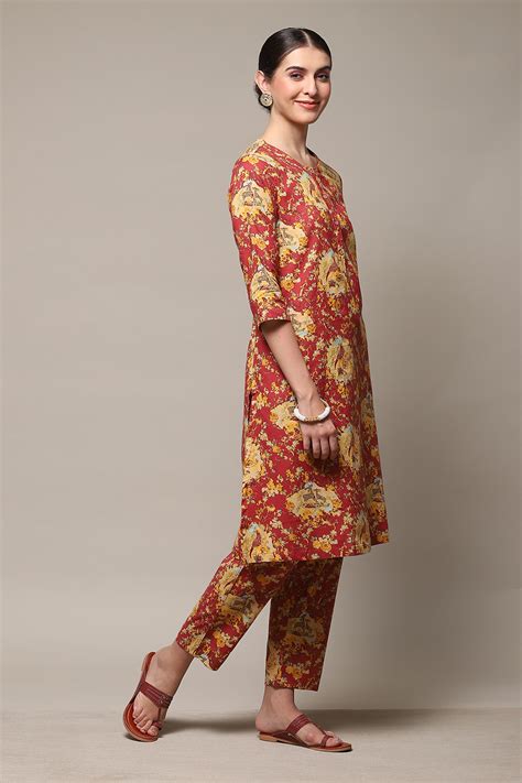 Red Cotton Straight Kurta Relaxed Pant Suit Set