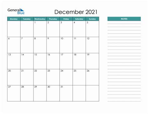 December 2021 Calendar Planner with Notes - Monday Start