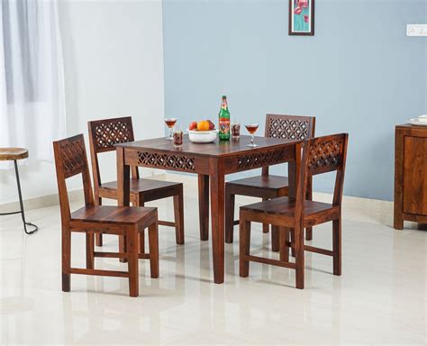 Buy Solid Wood 4 Seater Square Dining Table Set with 4 Chair for Dining ...