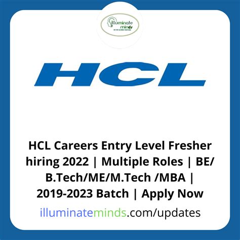 HCL Careers Entry Level Fresher hiring 2022 | Multiple Roles | BE/ B ...