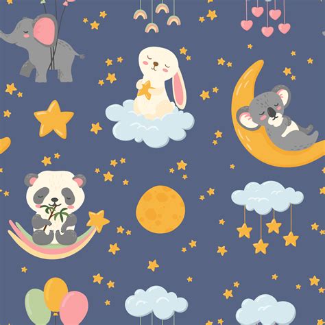 Cute sleeping animals good night vector seamless pattern. Celestial ...