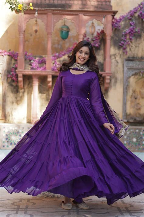 Purple Premium Readymade Elegant Flair Gown with Designer Du