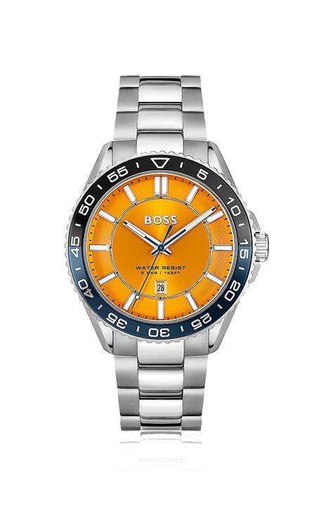 BOSS - Silver-tone watch with orange dial and rotating bezel - Silver