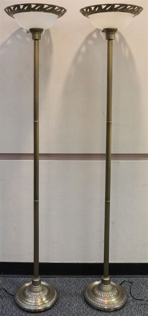 Lot - Pair Regency Style Brass Torchiere Floor Lamps, H: 66 in. (167.6 cm.)