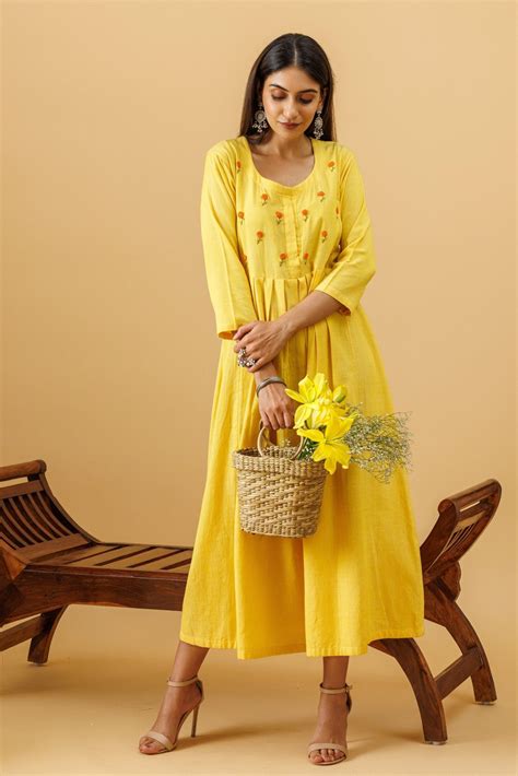 Marigold Handloom Hand Embroidered Dress With Slip - Tilohri