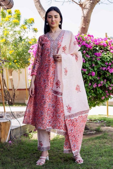Buy Peach Cotton, Chanderi Block Print, Gota Work High Neck Kurta Set ...