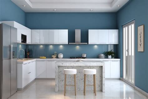 Luxe Blue and White Wall Colour Combination for Kitchen with Island ...