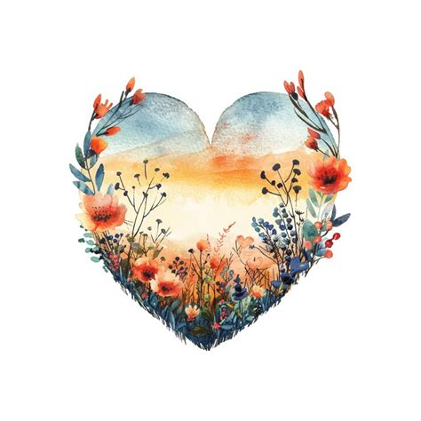 Heart shape nature lanscape view vector illustration in watercolor ...