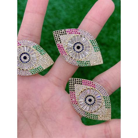 Large Evil Eye Rainbow 18K Gold Anti Tarnish Copper Open Back Ring Wom ...