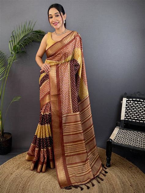 Buy Now Brown Soft Dola Bandhej Print Saree Online Vastranand