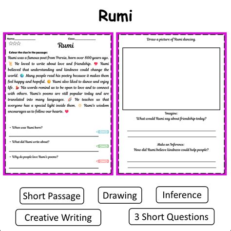 Rumi | Short Reading Comprehension Creative Worksheet – PrintableBazaar