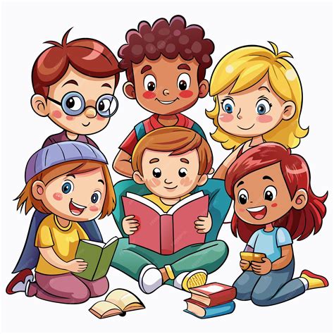 Five happy cartoon children reading books together | Premium AI ...
