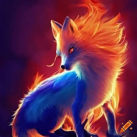 Blue flames engulfing a fox with nine tails on Craiyon